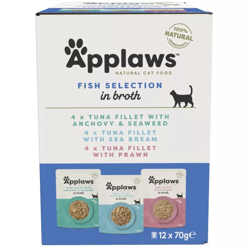 Drėgnas kačių maistas Applaws Žuvies rinkinys multipack sultinyje 12 x 70 g, suaugusioms katėms, 83 % drėgmės, pakeliai