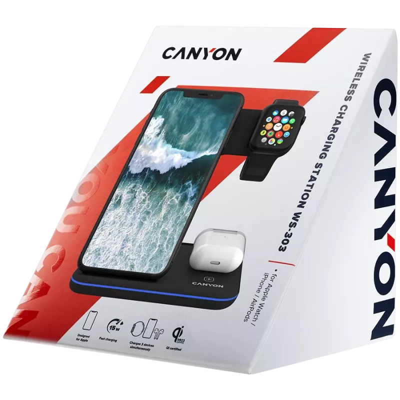 Canyon belaidžio įkrovimo stotelė 3in1 QI, skirta Apple 15W, juoda, mažmeninė prekyba
