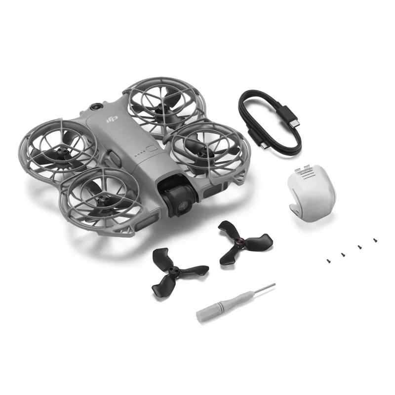 Kvadrakopterinis dronas DJI Neo 2 — 4 rotoriai, 12 MP kamera, 2688×1512 vaizdo įrašas, 1606 mAh baterija, 49 GB vidinė atmintis, Wi‑Fi ir Bluetooth