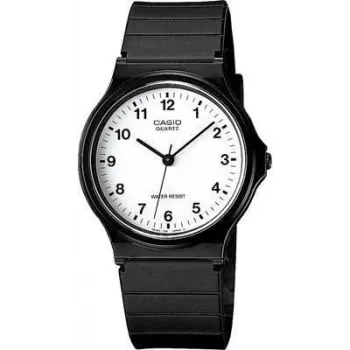 Analoginis laikrodis CASIO MQ-24-7BLLGF — kvarcinis mechanizmas, juodas dervos korpusas ir dirželis, atsparus vandeniui