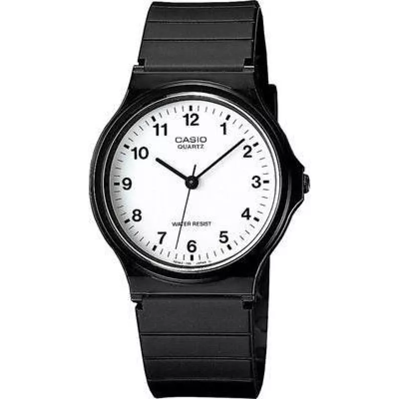 Analoginis laikrodis CASIO MQ-24-7BLLGF — kvarcinis mechanizmas, juodas dervos korpusas ir dirželis, atsparus vandeniui