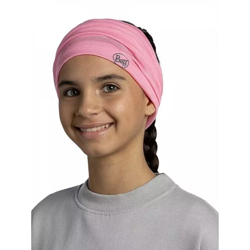 Daugiafunkcė vaikiška bandana Buff Merino Lightweight – vientisos rožinės spalvos, besiūlė merino vilnos galvos apdanga vaikams