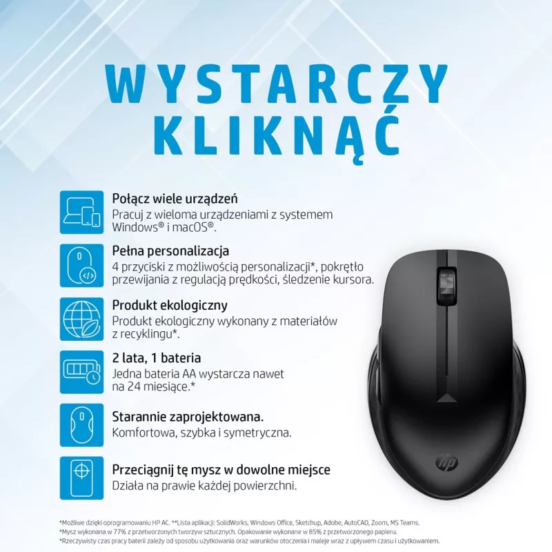 HP 435 Multi-Device Wireless pelė, Ambidextrous, RF Wireless + Bluetooth, 4000 DPI, Juoda