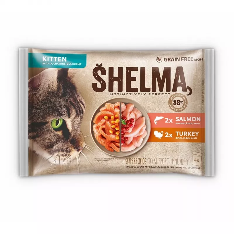 Šlapias kačių maistas SHELMA Kitten Lašiša ir Kalakutiena padaže 4×85 g maišeliai, be grūdų, visavertis pašaras