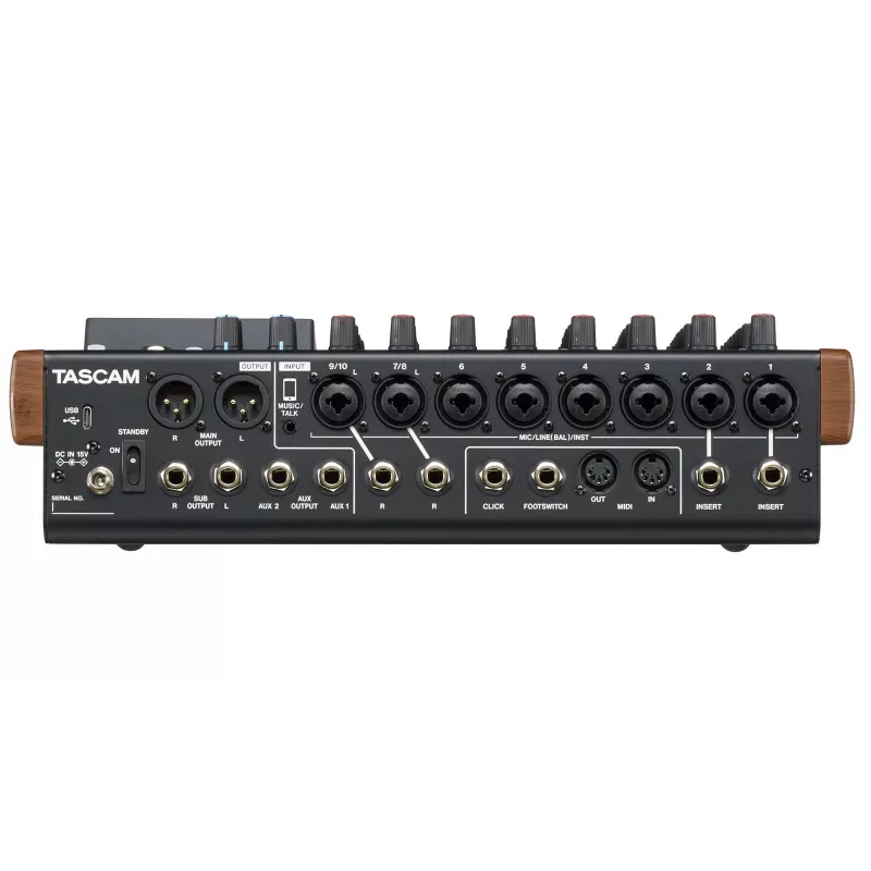 Mikseris Tascam Model 12 — 12 kanalų analoginis/skaitmeninis mikseris, 24 bitų, 48 kHz, USB-C, SD kortelė, Bluetooth 5.0
