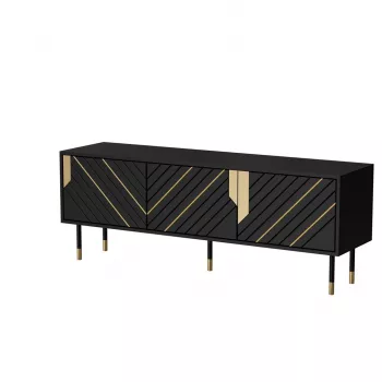 TV spintelė Cama Meble MOUNTAIN 154x40x55 cm — medžio drožlių plokštės viršus, juoda ir auksinė