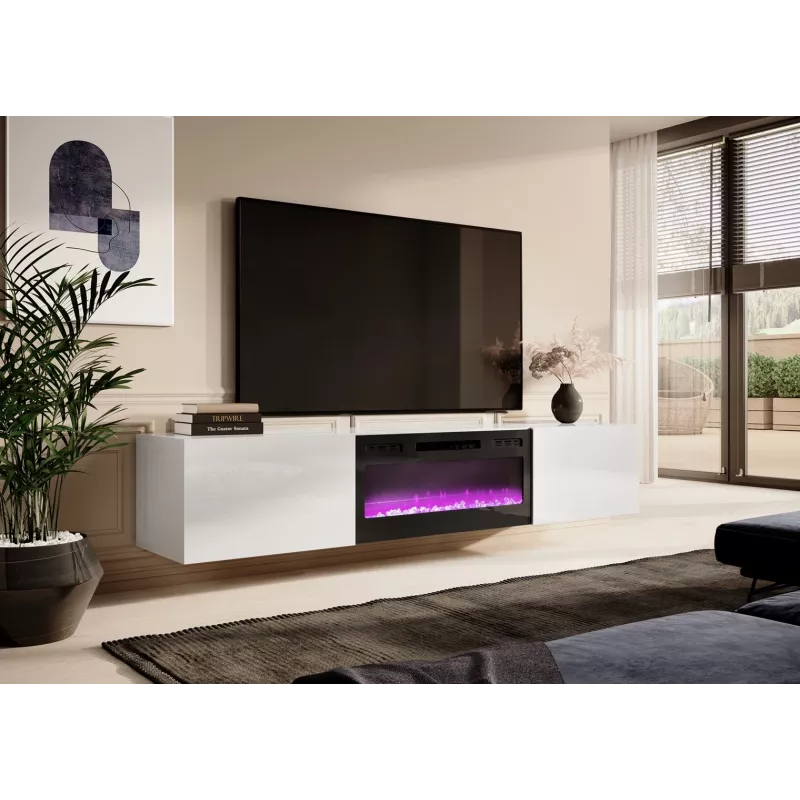 TV spintelė Cama Meble SLIDE 200K su elektriniu židiniu 200x40x37 cm blizgi balta