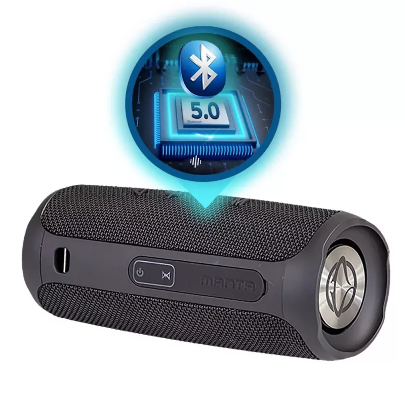 Nešiojamas garsiakalbis MANTA SPK130GO BT — Bluetooth 5.0, TWS, FM, 10 W RMS, įkraunamas (juodas, 8×8×19 cm)