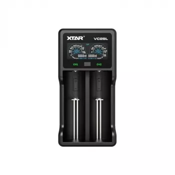 Baterijų įkroviklis XTAR VC2SL — USB 5V 1A, LCD, įkrauna 2 elementus, suderinamas su Li-Ion/NiMH/NiCd, dydžiai A/AA/AAA/AAAA/C/D/SC, juodas