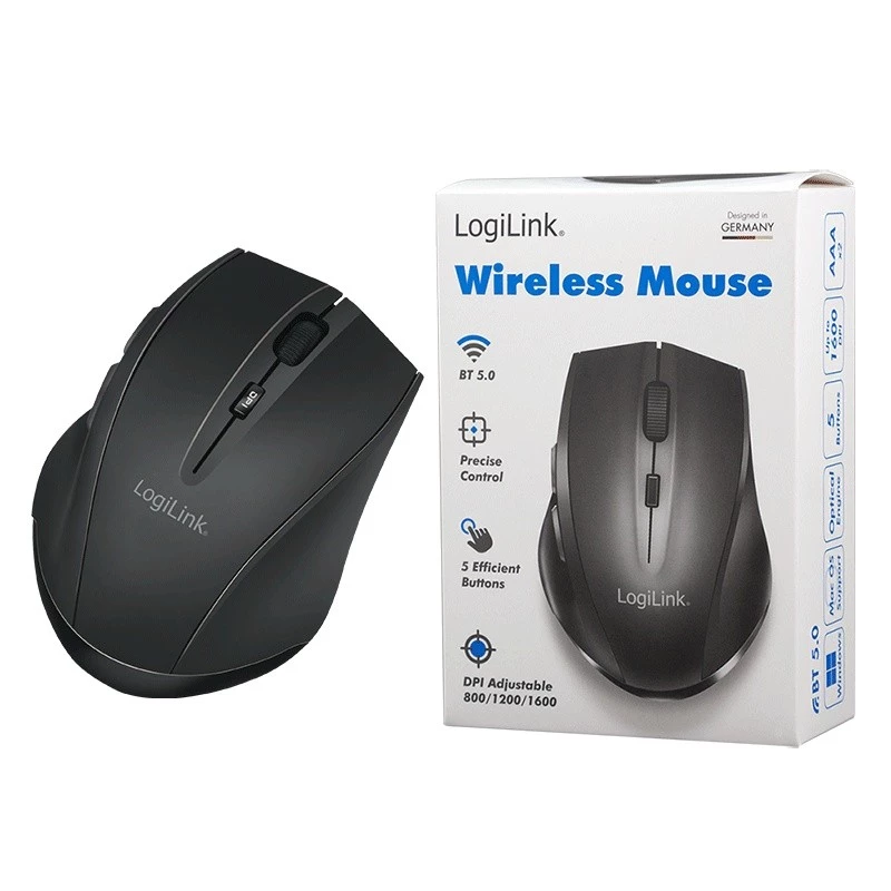 Logilink belaidė pelė BT5.0, ergonominė, juoda