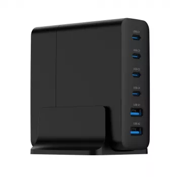 GEMBIRD mobiliojo prietaiso įkroviklis TA-UC-2A4C-PD75-01-BK — 75 W, 4× USB-C + 2× USB-A, PD ir QC3.0, 6 įrenginių vienu metu įkrovimas, 1,5 m laidas, juodas