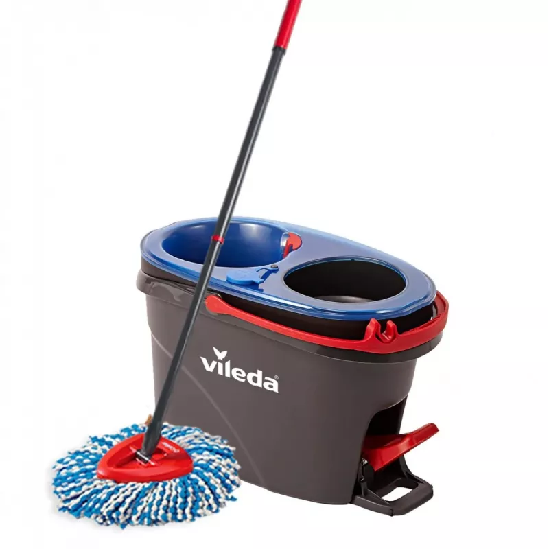 Grindų šluota VILEDA Microfibre 320 mm, teleskopinė rankena 55–123 cm, plaunama, 360° besisukanti galvutė, juoda/mėlyna/raudona