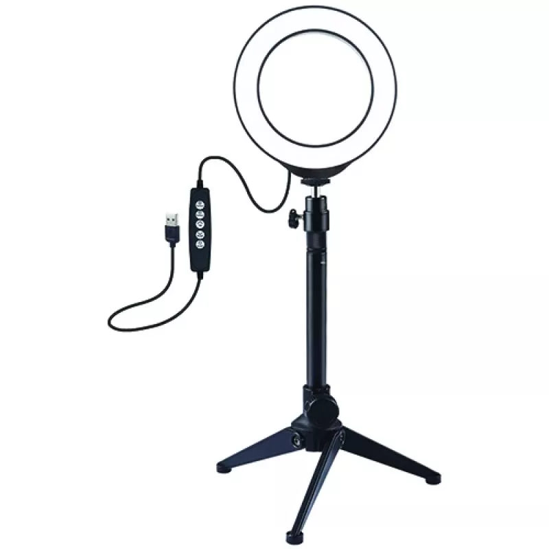 LED žiedinė šviesa 12 cm su staliniu trikoju iki 24,5 cm, USB, RGBW