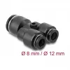 Pneumatinė Y formos jungtis DELOCK 2×8 mm į 1×12 mm su montavimo anga, metalas/plastikas, vidinis sriegis, 50,5 mm