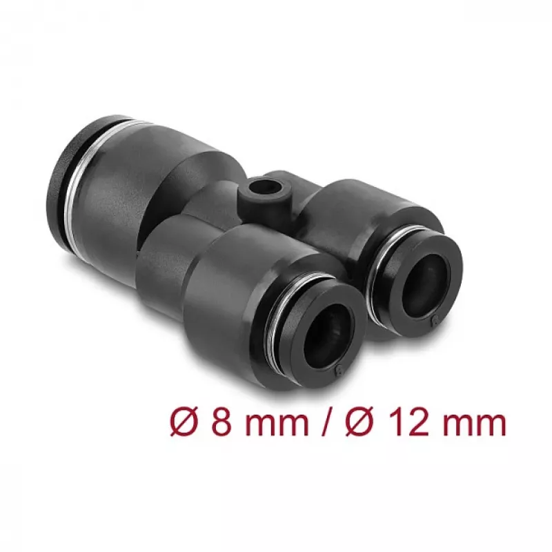 Pneumatinė Y formos jungtis DELOCK 2×8 mm į 1×12 mm su montavimo anga, metalas/plastikas, vidinis sriegis, 50,5 mm