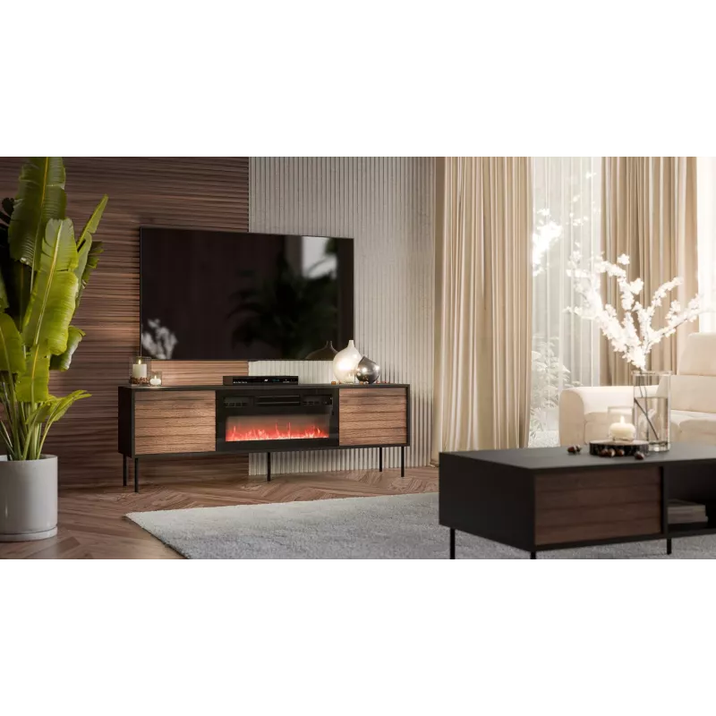 Cama CORTINA 180x40x60 cm TV spintelė juoda/riešutmedžio su juodu elektriniu židiniu