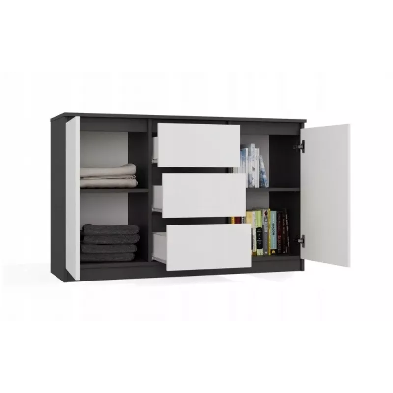 Komoda 2 durys 3 stalčiai top e shop M-MP-K-MAL-2D3S-ANTBIA — antracitinis rėmas, baltos durys, 1200×750×400 mm