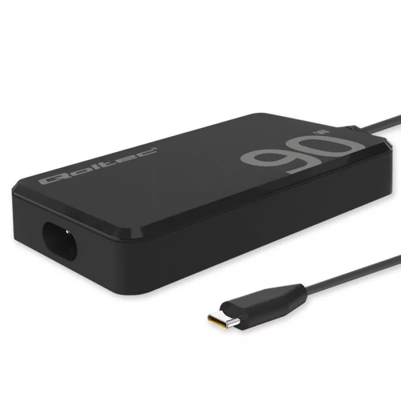 Qoltec 90W GaN Super Fast SLIM sieninis įkroviklis | XP | 5-20V | 4,5A | USB-C 3.1 | Nešiojamam kompiuteriui | MacBook | Išmaniajam telefonui | + laidas