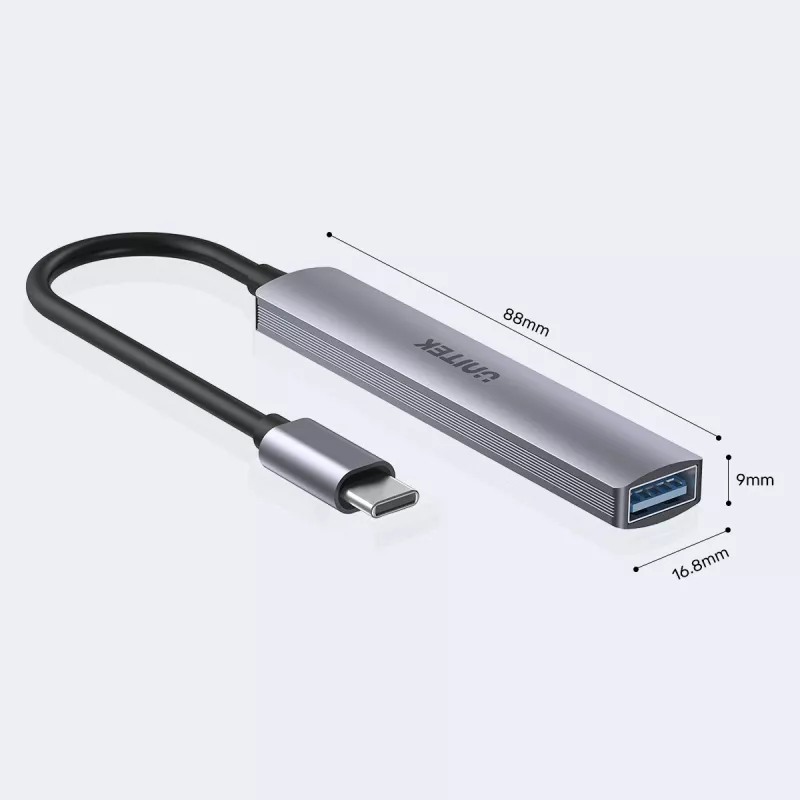 USB-C šakotuvas Unitek H1208B — 1x USB-A 5 Gbps, 3x USB-A 2.0, USB-C priegloba, aliuminio korpusas, 0,20 m laidas