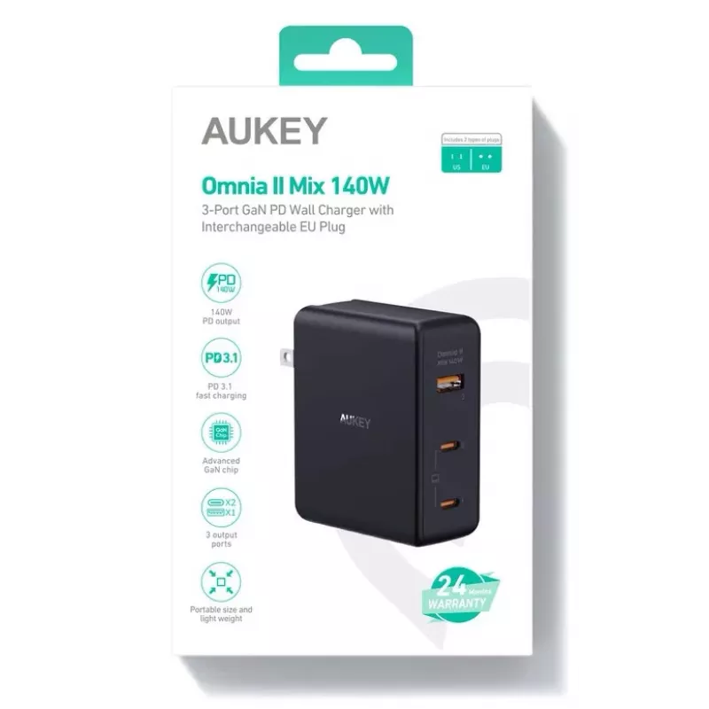 Sieninis įkroviklis Aukey PA-B7O, 3×USB, GaN technologija
