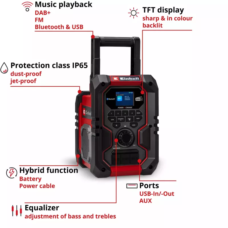Nešiojamas radijas EINHELL TE-CR 18 Li DAB+ FM Bluetooth USB, maitinamas baterijomis (suderinamas su TE-CR 18 Li)