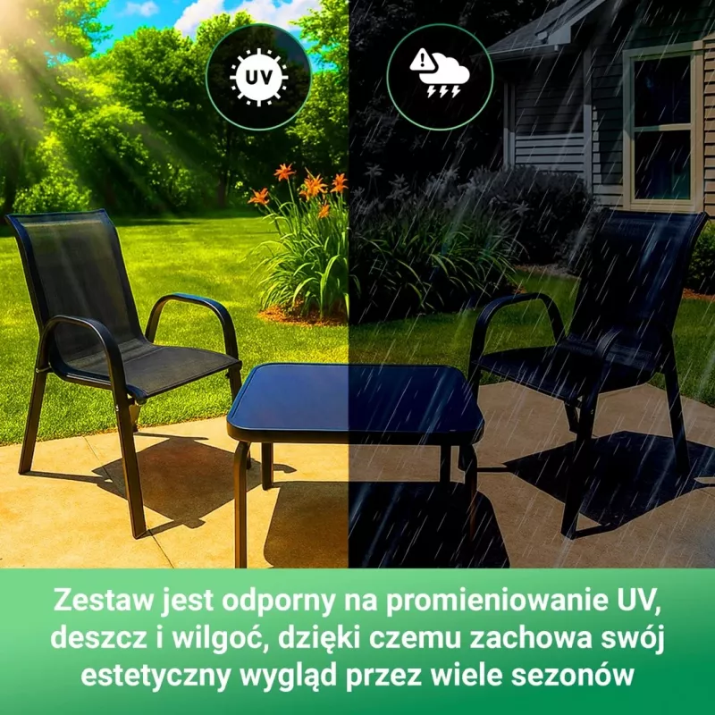 Extralink Juoda Forest sodo baldų komplektas, tekstileno dvi kėdės + juodas stalas lauko baldų komplektas