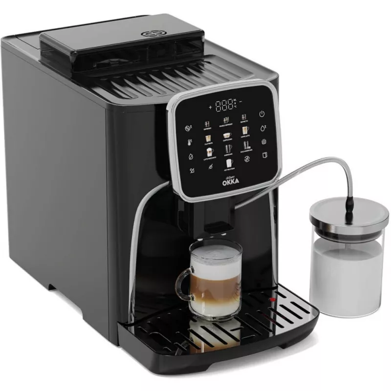 Visiškai automatinis espreso aparatas Arzum Okka Espresso Pro M juodos/chromuotos spalvos su pieno talpykla