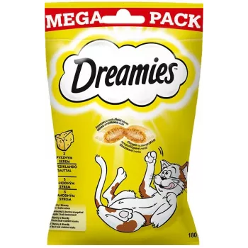 Kačių skanėstai Dreamies 180 g — mėsiško/pieniško sūrio skonio, baltymai 31%, riebalai 21%, suaugusioms katėms, pakelis