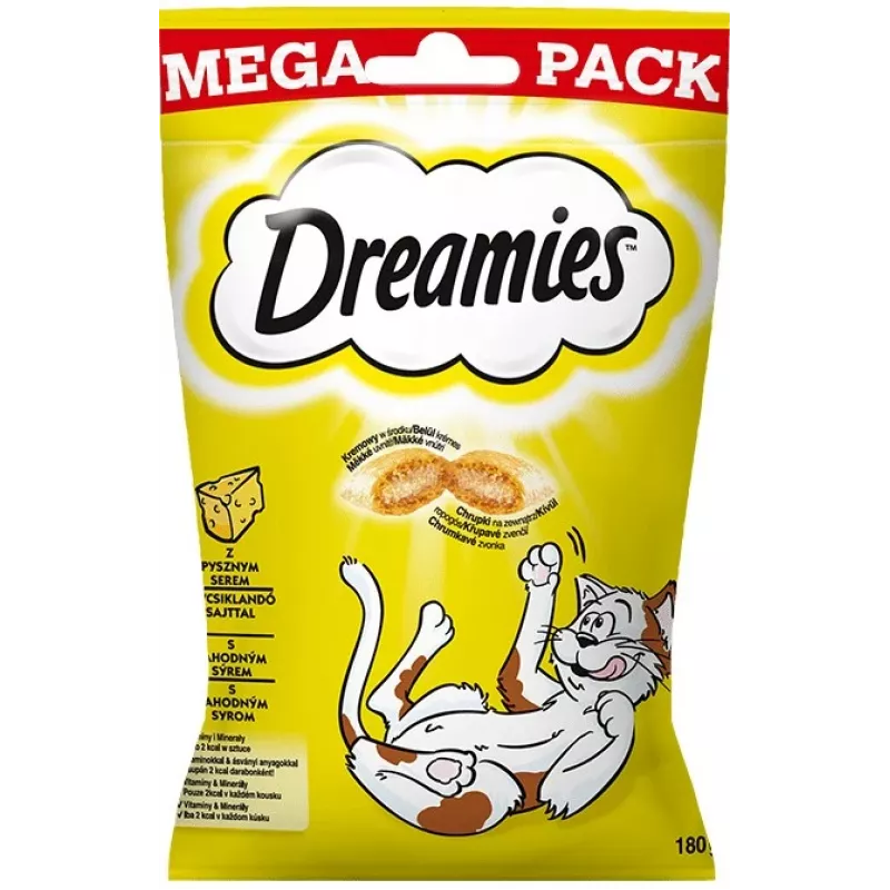 Kačių skanėstai Dreamies 180 g — mėsiško/pieniško sūrio skonio, baltymai 31%, riebalai 21%, suaugusioms katėms, pakelis