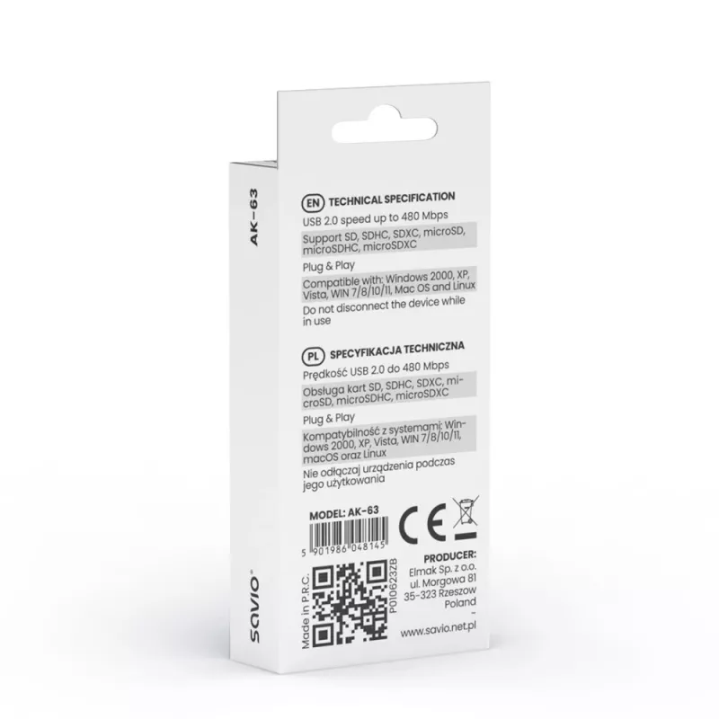 SD kortelių skaitytuvas, USB 2.0, 480 Mbps, AK-63 Savio SAVAK-63