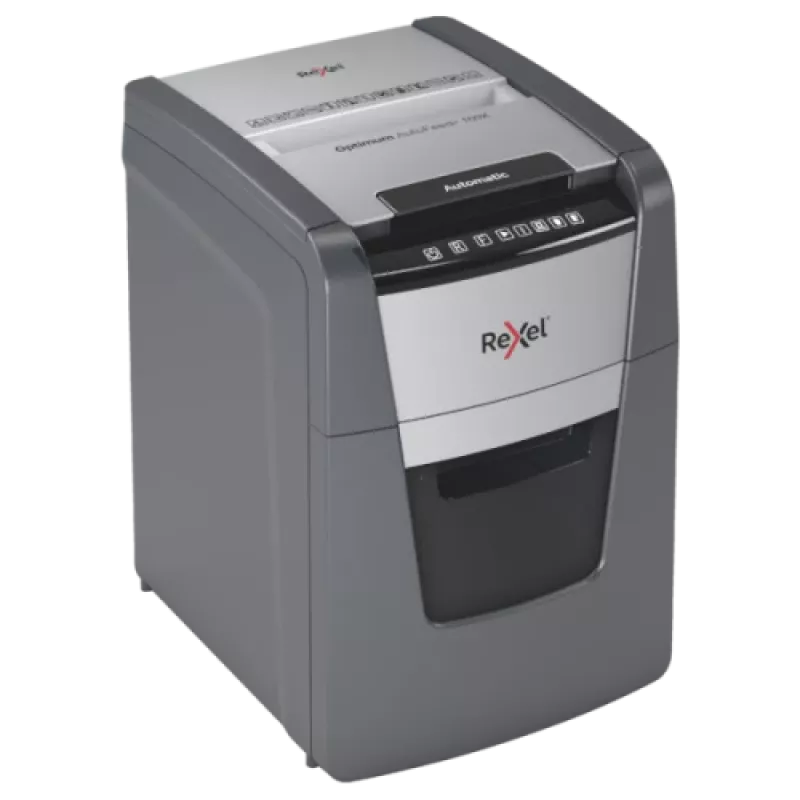 Popieriaus smulkintuvas REXEL Optimum AutoFeed+ 100X — 100 lapų automatinis padavimas, 4 x 28 mm kryžminis pjovimas, 34 L dėžė, aliuminis