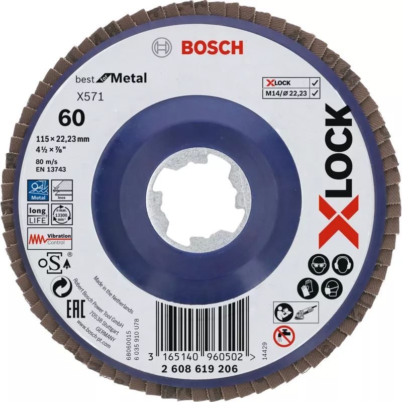 Bosch šlifavimo diskas 115 mm, grūdėtumas 60, kampiniams šlifuokliams — modelis 2608619206