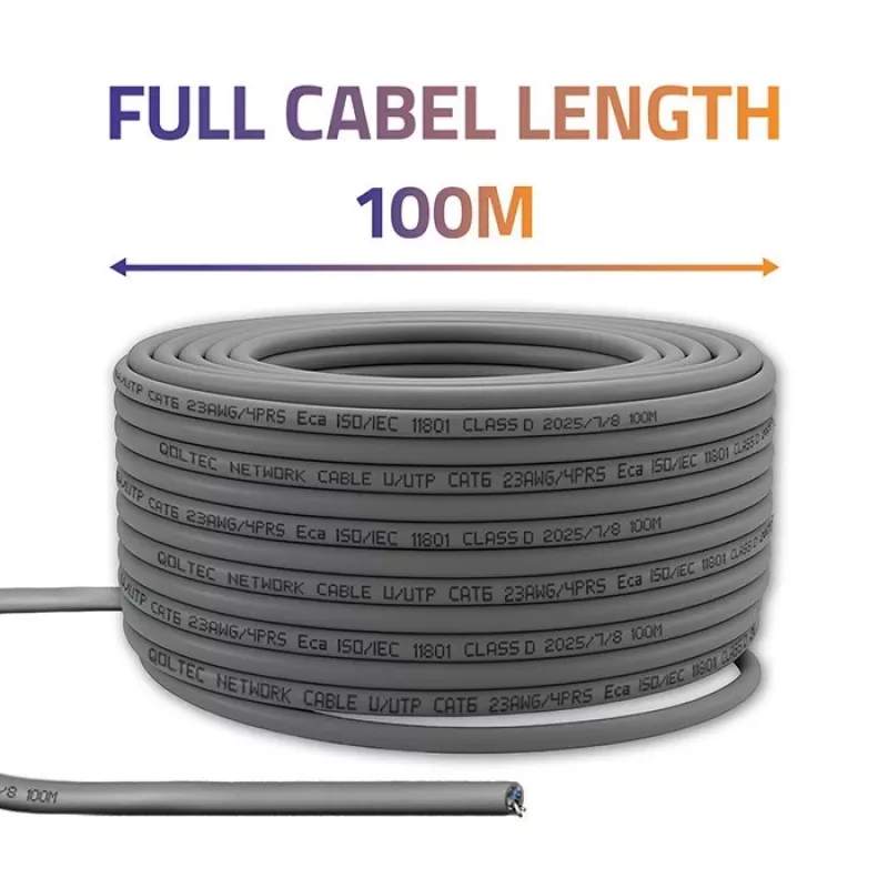 UTP komutacinis kabelis CAT6 varis Cu 100 m pilkas – QOLTEC 54560