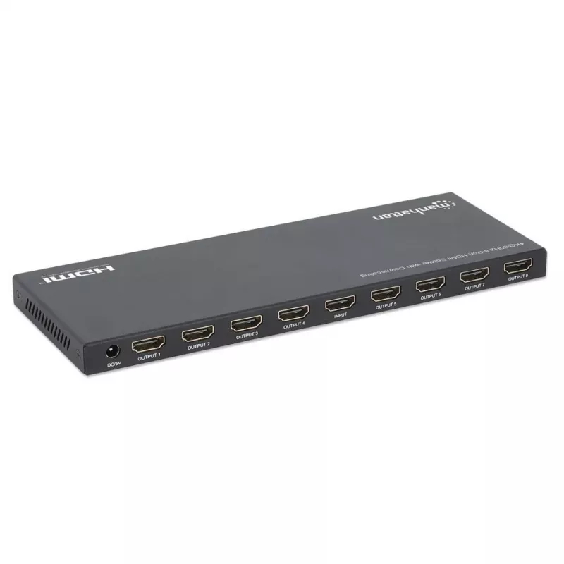 Manhattan 4K@60Hz 8 prievadų HDMI skirstytuvas su sumažinimo funkcija, padalijantis vieną HDMI įvestį į aštuonis HDMI išvestis (1x8), 18G, EDID jungiklis sumažinimui, juodas