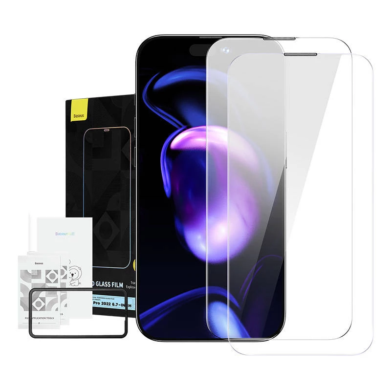 Grūdinto stiklo ekrano apsauga Baseus Crystal, skirta iPhone 14 Pro Max, 0,3 mm, atspari dulkėms, 2 vnt. pakuotėje