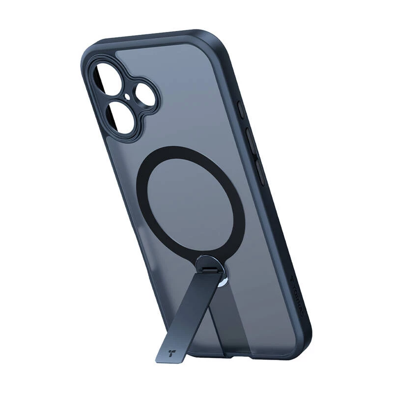 Apsauginis telefono dėklas Torras Pstand Spin, skirtas iPhone 16 Plus – juodas, sulankstomas stovas, plona apsauga