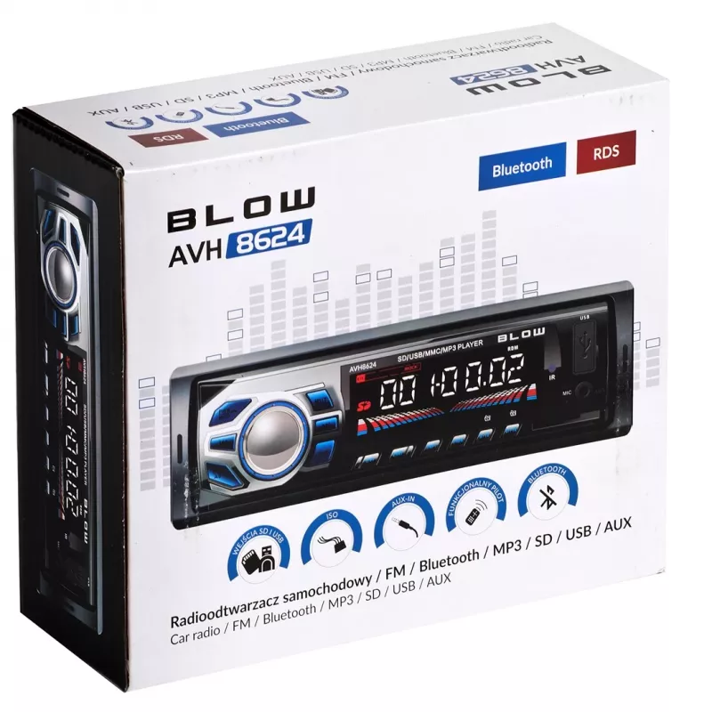 Automagnetola BLOW AVH-8624 — FM RDS, 45 W RMS, „Bluetooth“, USB, „MicroSD“, AUX, LCD ekranas, nuotolinio valdymo pultelis, juoda