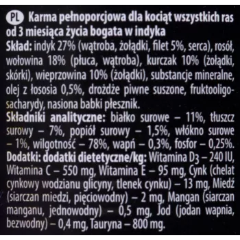 Šlapias kačių maistas Dolina Noteci Premium Junior — kalakutiena, 400 g skardinė, 78% drėgmės, 11% baltymų
