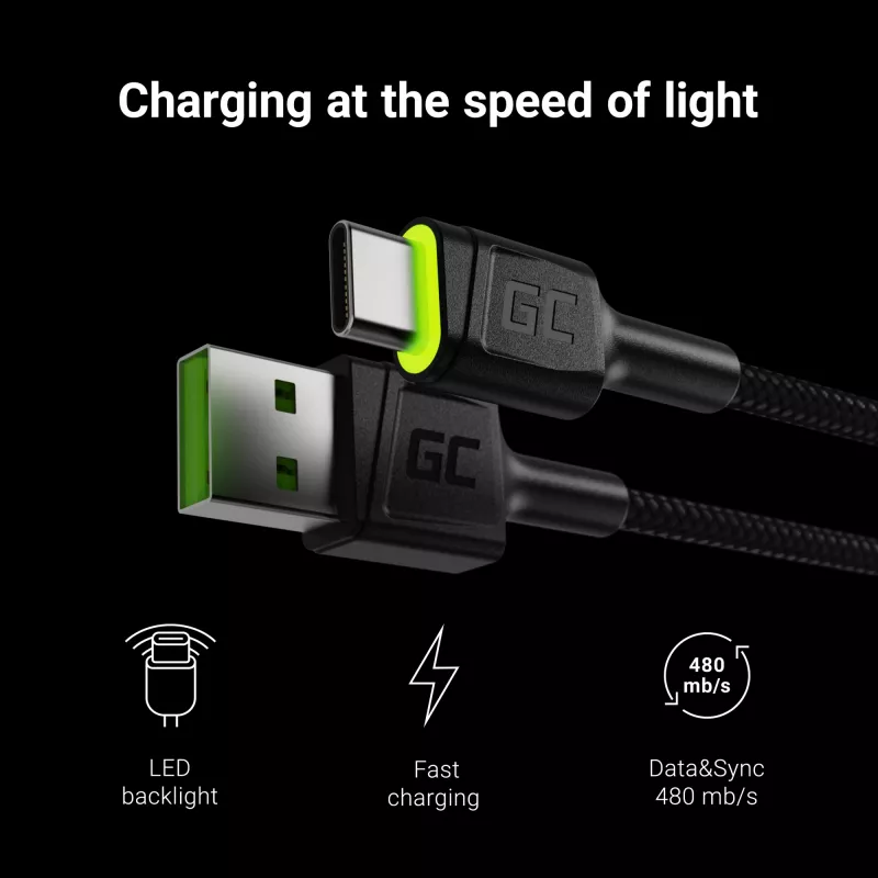 Green Cell KABGC13 USB kabelis USB 2.0 2 m USB A USB C Juoda