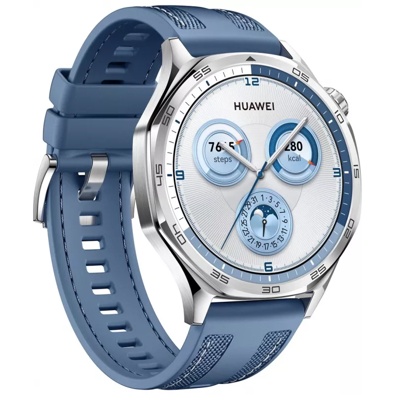 Išmanusis laikrodis HUAWEI WATCH GT5 46mm — 1,43 colio AMOLED, GPS, 524 mAh, nerūdijančio plieno korpusas, mėlyna austa juosta
