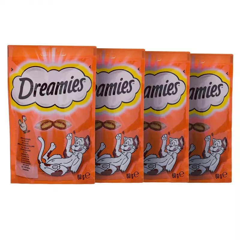 Kačių skanėstai Dreamies sūrio, vištienos, lašišos asorti 12×60 g — mėsingi kieti užkandžiai, baltymų 31%, riebalų 21%