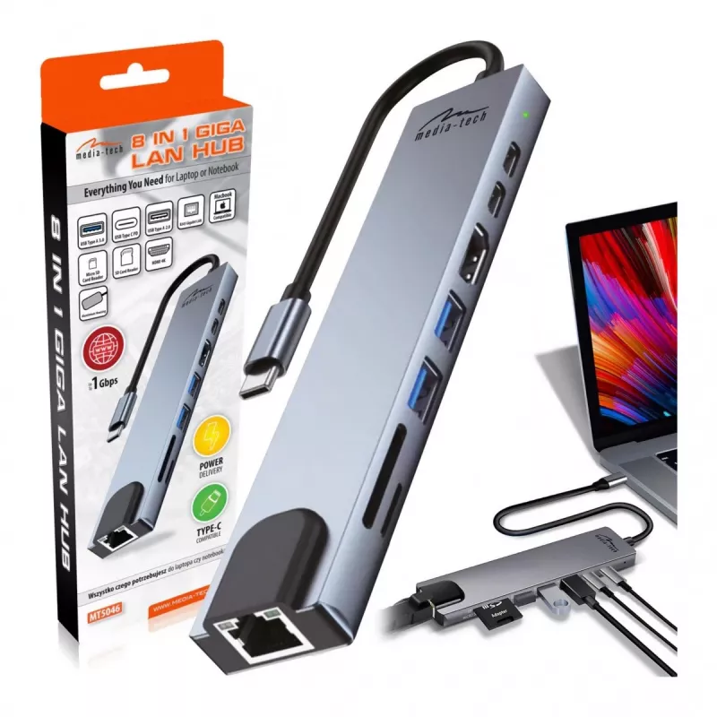 MEDIA-TECH USB HUB 8 IN 1 GIGA LAN HUB MT5046