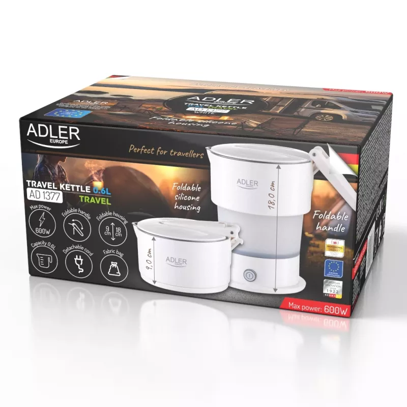 Adler Silikoninis Kelioninis Virdulys | AD 1377 | Kelioninis Virdulys | 600 W | 0,6 L | Silikonas | Baltas