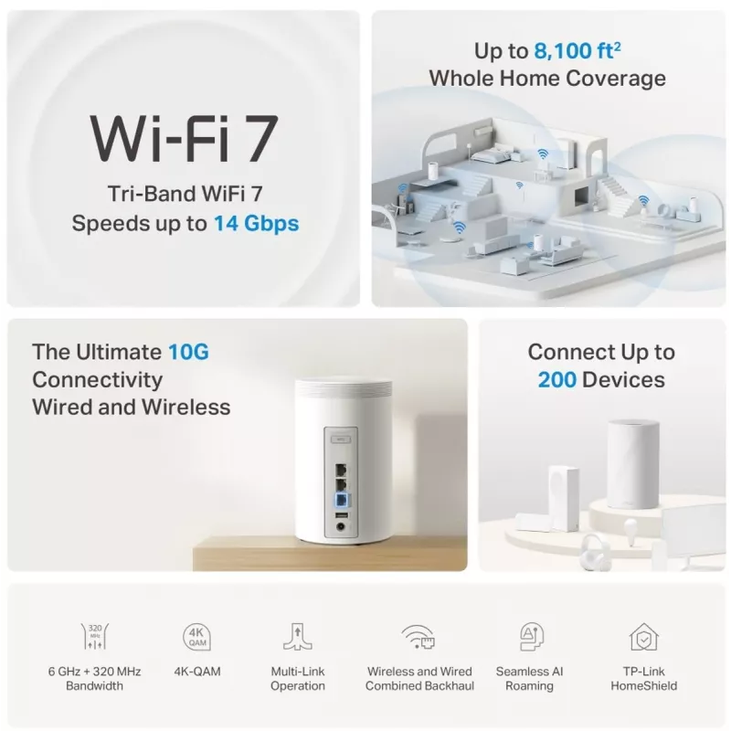 TP-LINK Deco BE68 (3 vnt.) Wi‑Fi 7 tinklinis maršrutizatorių rinkinys