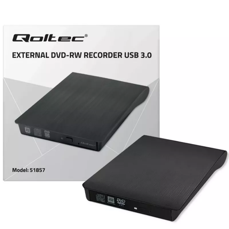 Išorinis DVD‑RW įrenginys QOLTEC 51857 — USB 3.0, SATA sąsaja, DVD±R 8x, DVD±RW 4x, DVD‑RAM 5x, CD 24x, juodas