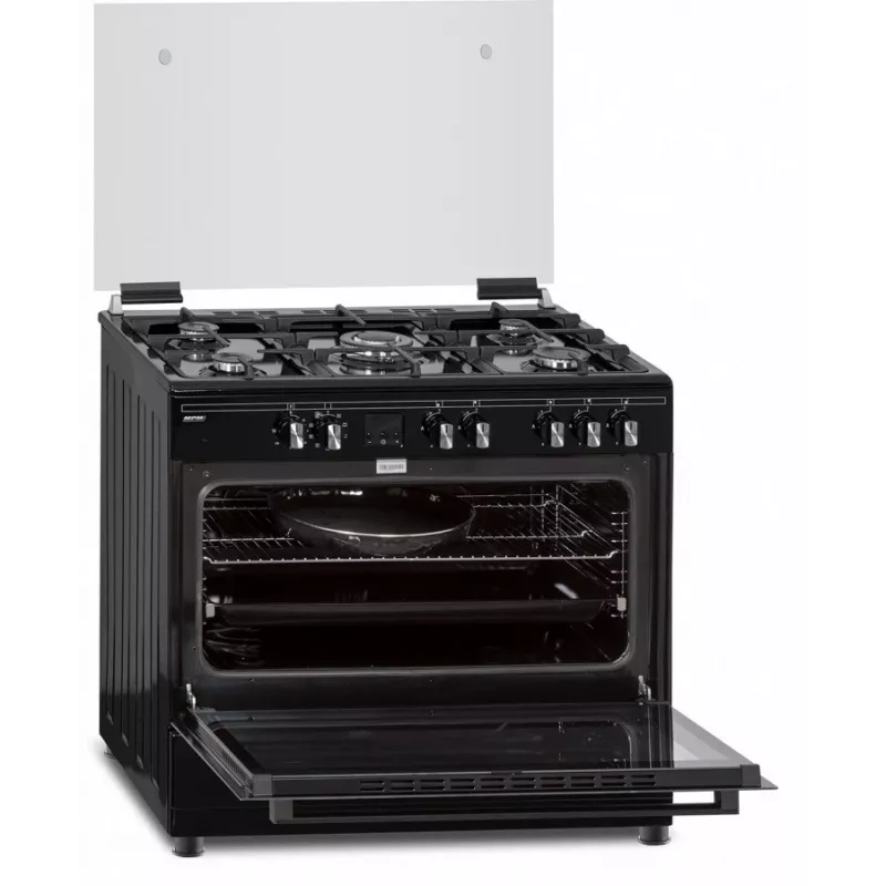 Dujinė-elektrinė viryklė MPM MPM-93-KGM-32 90 cm su dujine kaitlente, elektrine orkaite, 5 degikliais, juoda, energijos klasė A