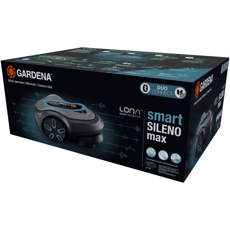Robotinė vejapjovė GARDENA smart SILENO max — 1500 m², 16 cm pjovimo plotis, baterija, LONA navigacija, pilka