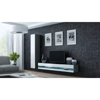 TV staliukas Cama Meble VIGO NEW 30/140/40 — 1400×400×300 mm, pilkas viršus, medžio drožlių plokštė, pilkas rėmas, balti blizgūs fasadai