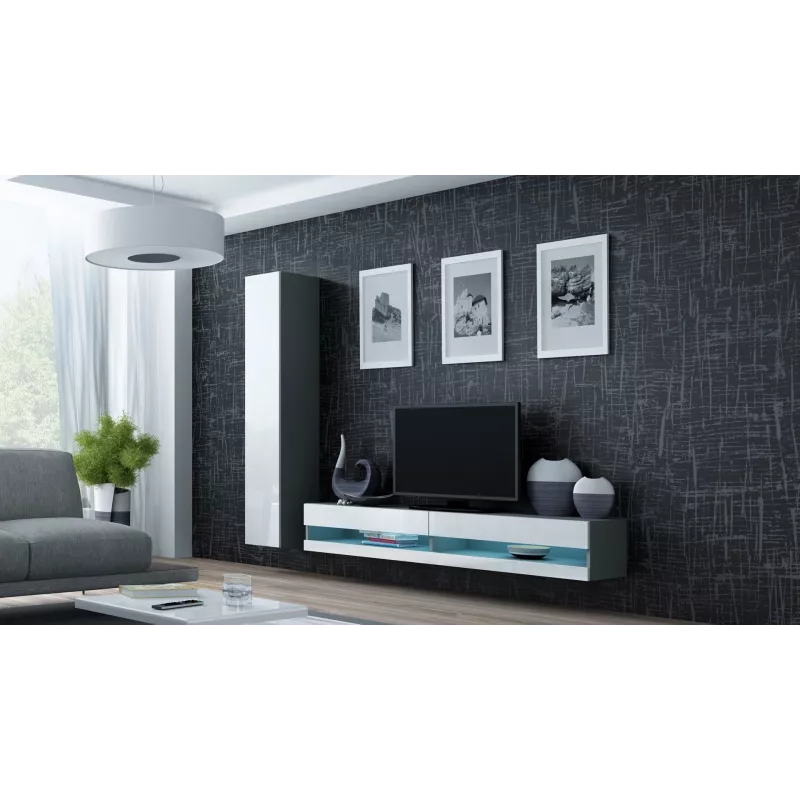 TV staliukas Cama Meble VIGO NEW 30/140/40 — 1400×400×300 mm, pilkas viršus, medžio drožlių plokštė, pilkas rėmas, balti blizgūs fasadai
