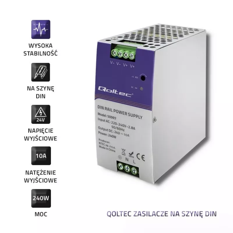 DIN bėgio maitinimo šaltinis QOLTEC 50997 240W 24V 10A